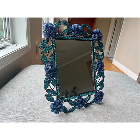Hand crafted Beaded Floral Mirror Frame – Teal & Blue Glass Flowers Home Décor - Picture 1 of 6